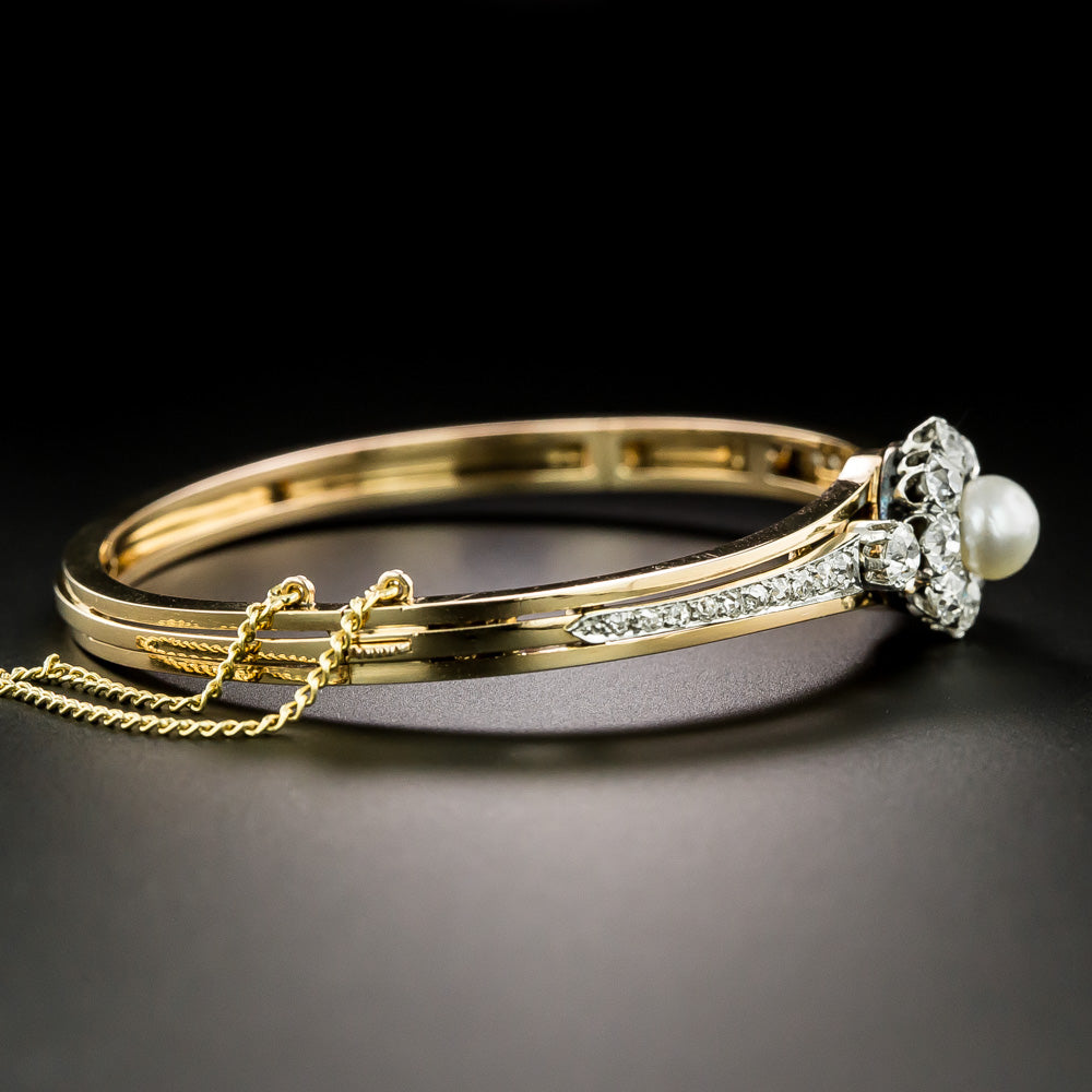 French Belle Epoque Natural Pearl and Diamond Bangle Bracelet - 3