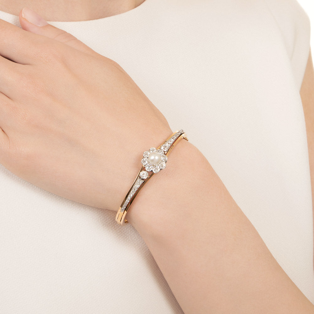 French Belle Epoque Natural Pearl and Diamond Bangle Bracelet - 4