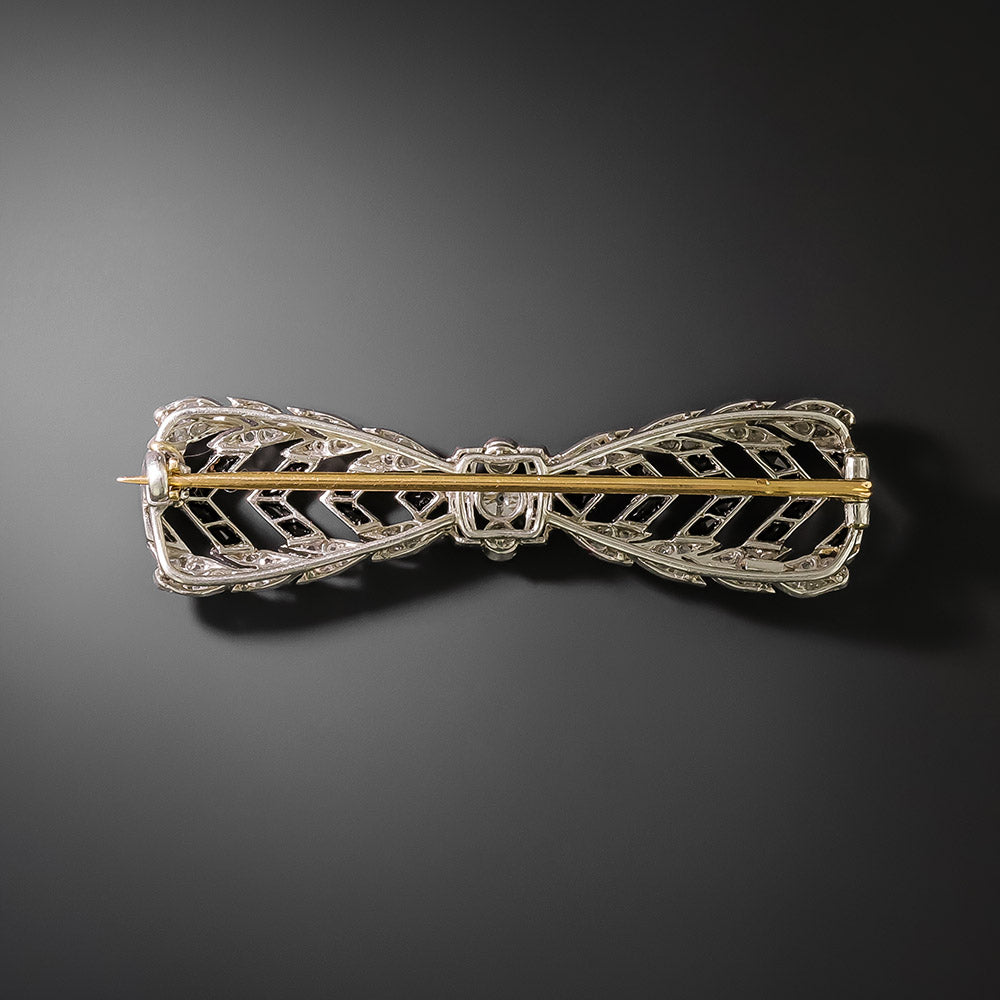 French Belle Époque Onyx and Diamond Bow Brooch - 3