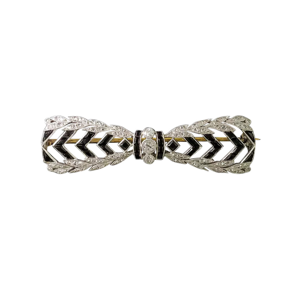 French Belle Époque Onyx and Diamond Bow Brooch - 3