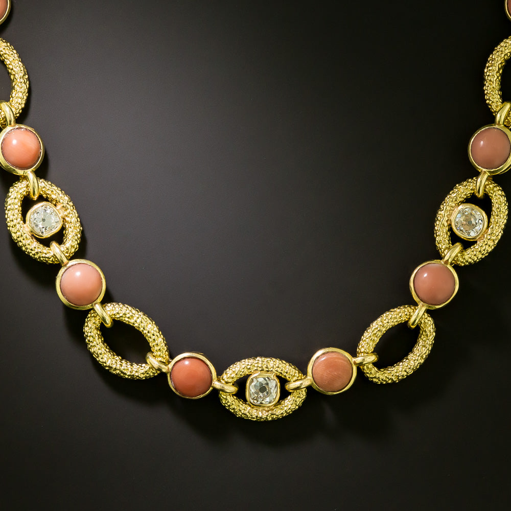French Coral And Diamond Necklace - 2