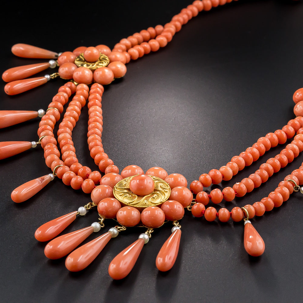 French Coral Three-Piece Necklace, Earring and Brooch Suite - 14