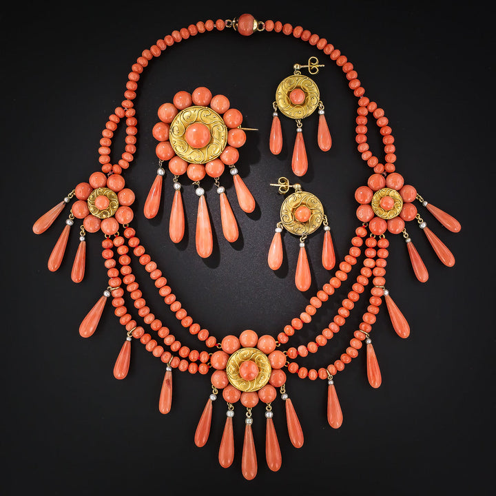 French Coral Three-Piece Necklace, Earring and Brooch Suite