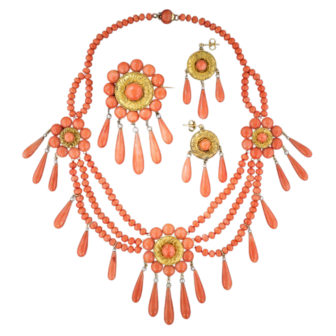 French Coral Three-Piece Necklace, Earring and Brooch Suite - 2