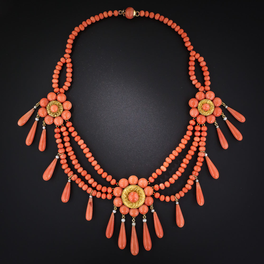 French Coral Three-Piece Necklace, Earring and Brooch Suite - 2