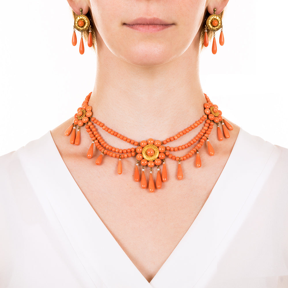 French Coral Three-Piece Necklace, Earring and Brooch Suite - 4
