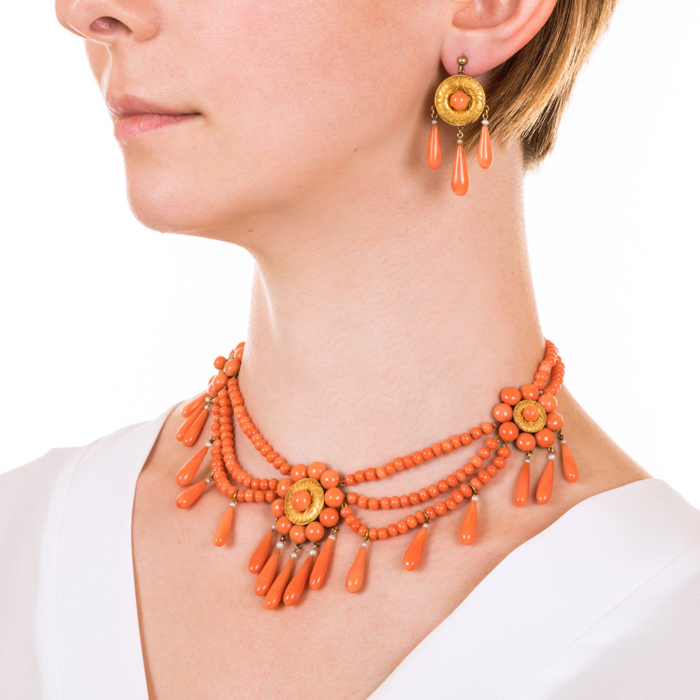 French Coral Three-Piece Necklace, Earring and Brooch Suite - 5