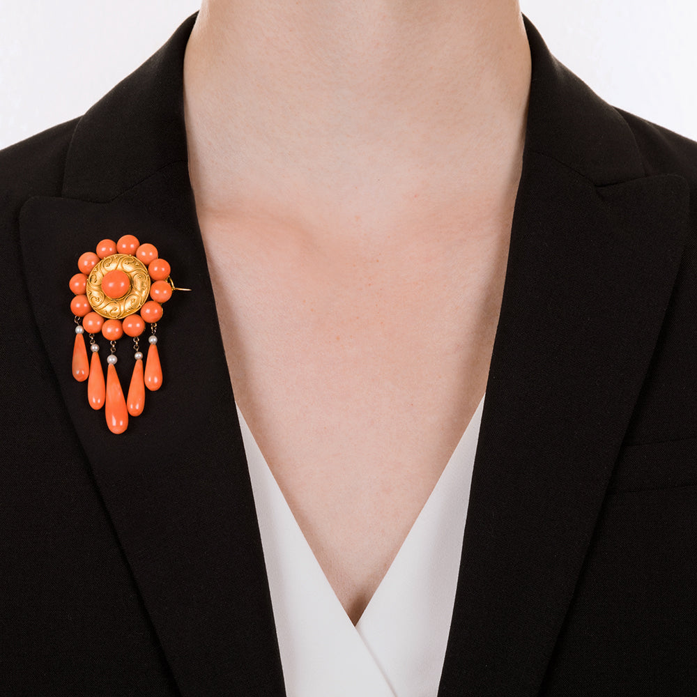 French Coral Three-Piece Necklace, Earring and Brooch Suite - 7