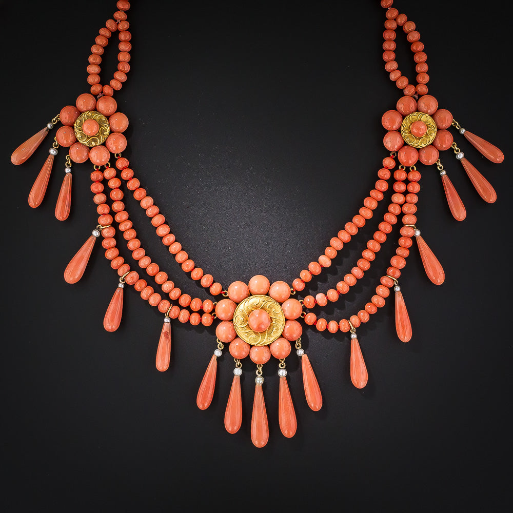 French Coral Three-Piece Necklace, Earring and Brooch Suite - 3