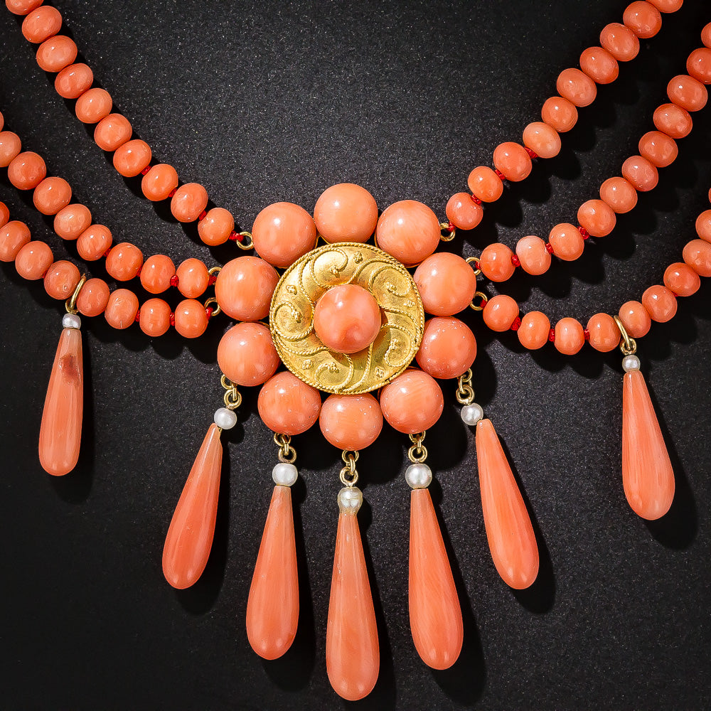 French Coral Three-Piece Necklace, Earring and Brooch Suite - 8