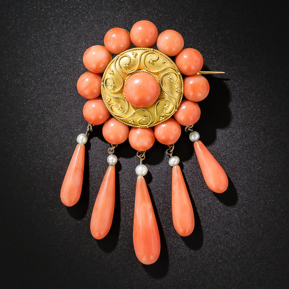French Coral Three-Piece Necklace, Earring and Brooch Suite - 9