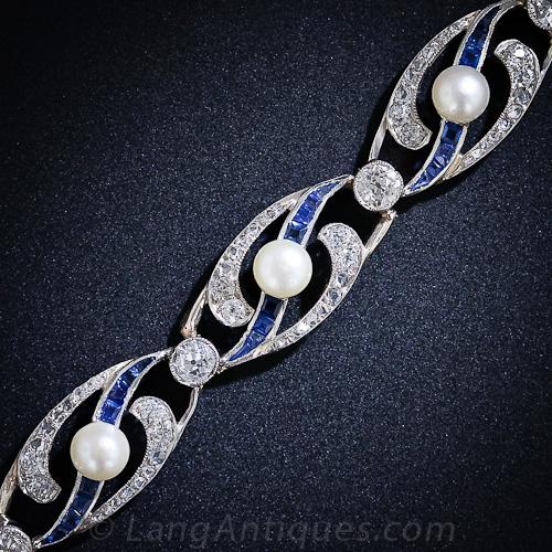 French Edwardian Natural Pearl, Diamond, Sapphire and Platinum Bracelet - 1