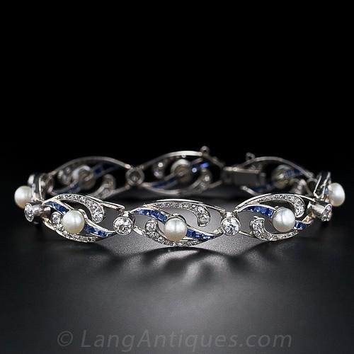 French Edwardian Natural Pearl, Diamond, Sapphire and Platinum Bracelet - 2