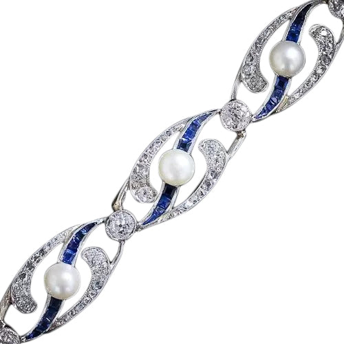 French Edwardian Natural Pearl, Diamond, Sapphire and Platinum Bracelet - 5