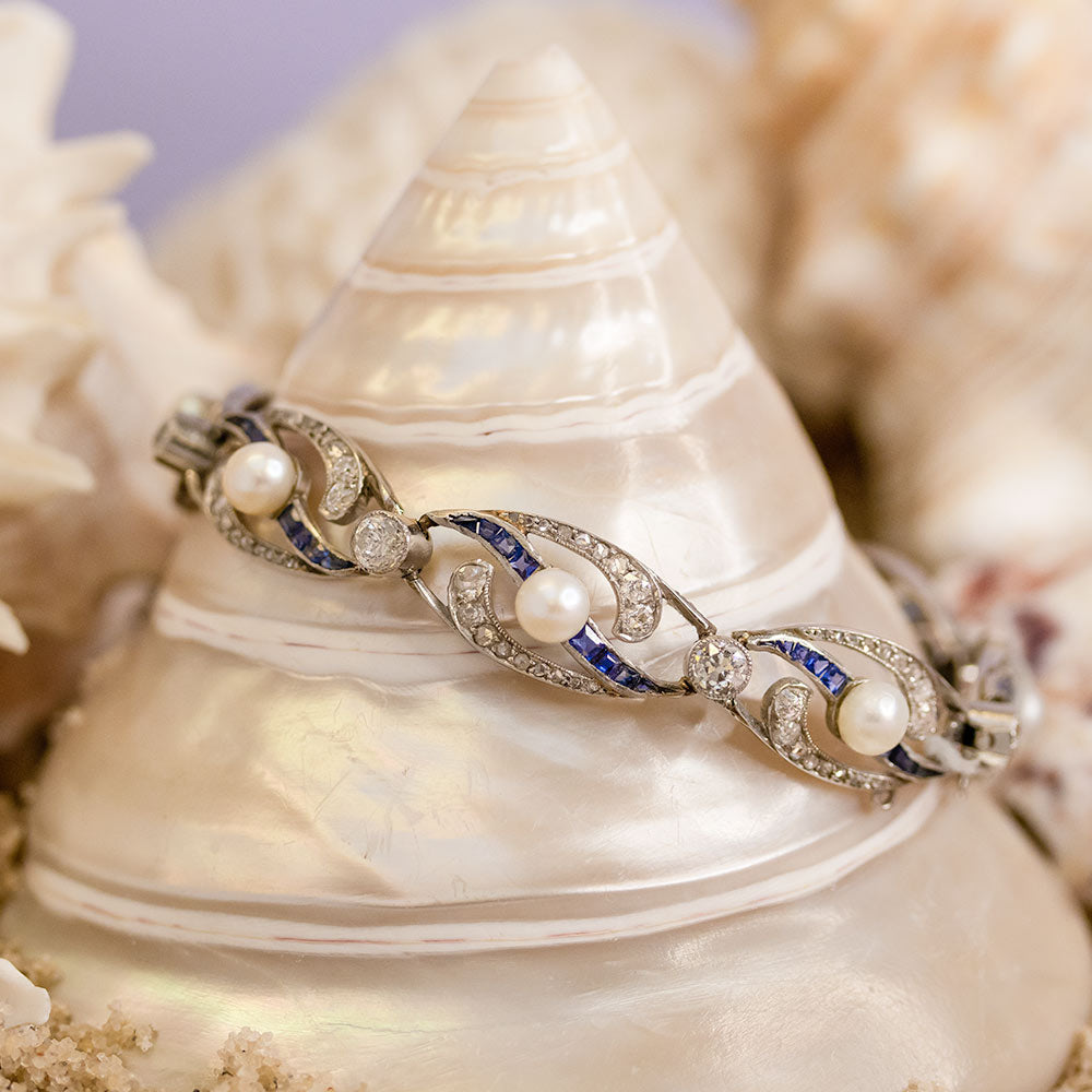 French Edwardian Natural Pearl, Diamond, Sapphire and Platinum Bracelet - 7