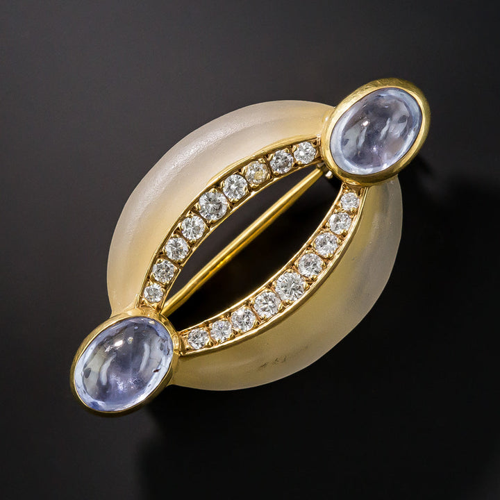French Frosted Rock Crystal, Diamond and Sapphire Brooch