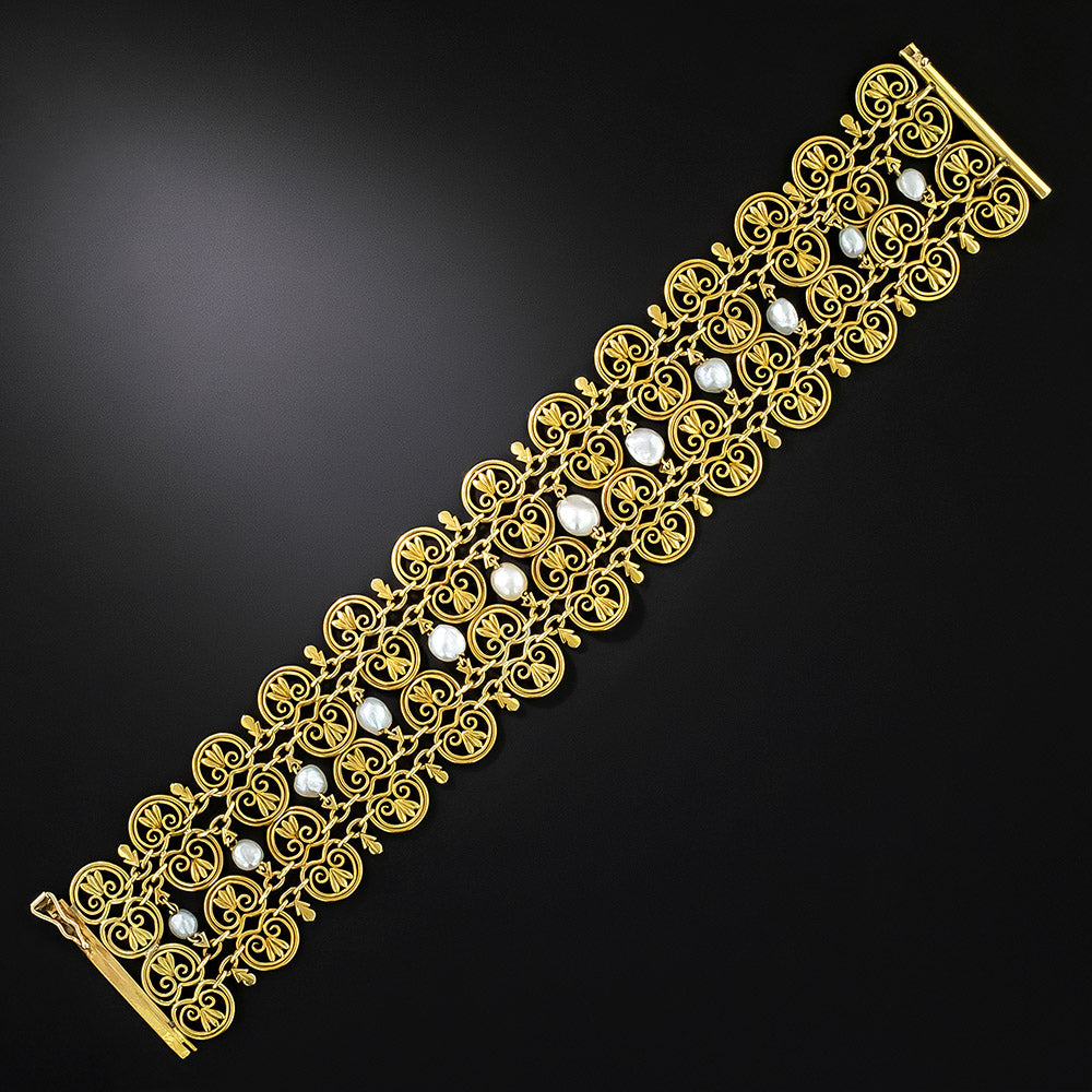 French Import Wide Gold and Natural Pearl Bracelet, Circa 1900 - 2