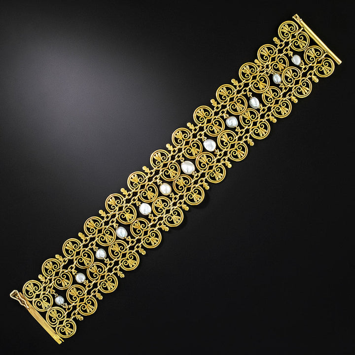 French Import Wide Gold and Natural Pearl Bracelet, Circa 1900