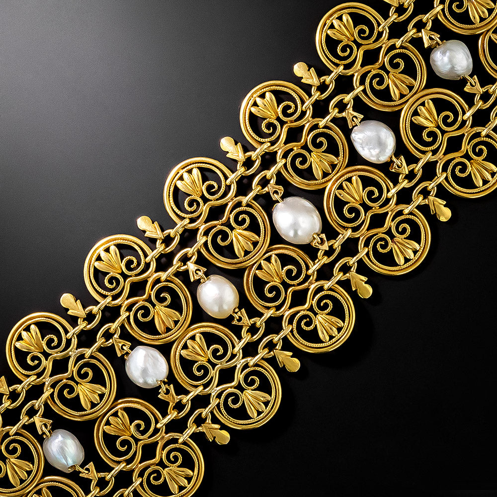 French Import Wide Gold and Natural Pearl Bracelet, Circa 1900 - 3