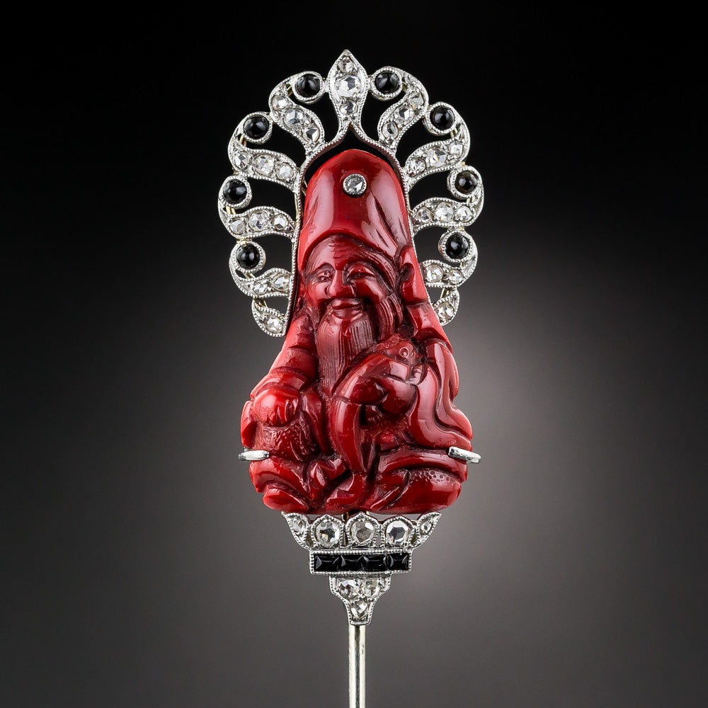 French Japonesque Cinnabar, Diamond and Onyx Jabot Pin - 6