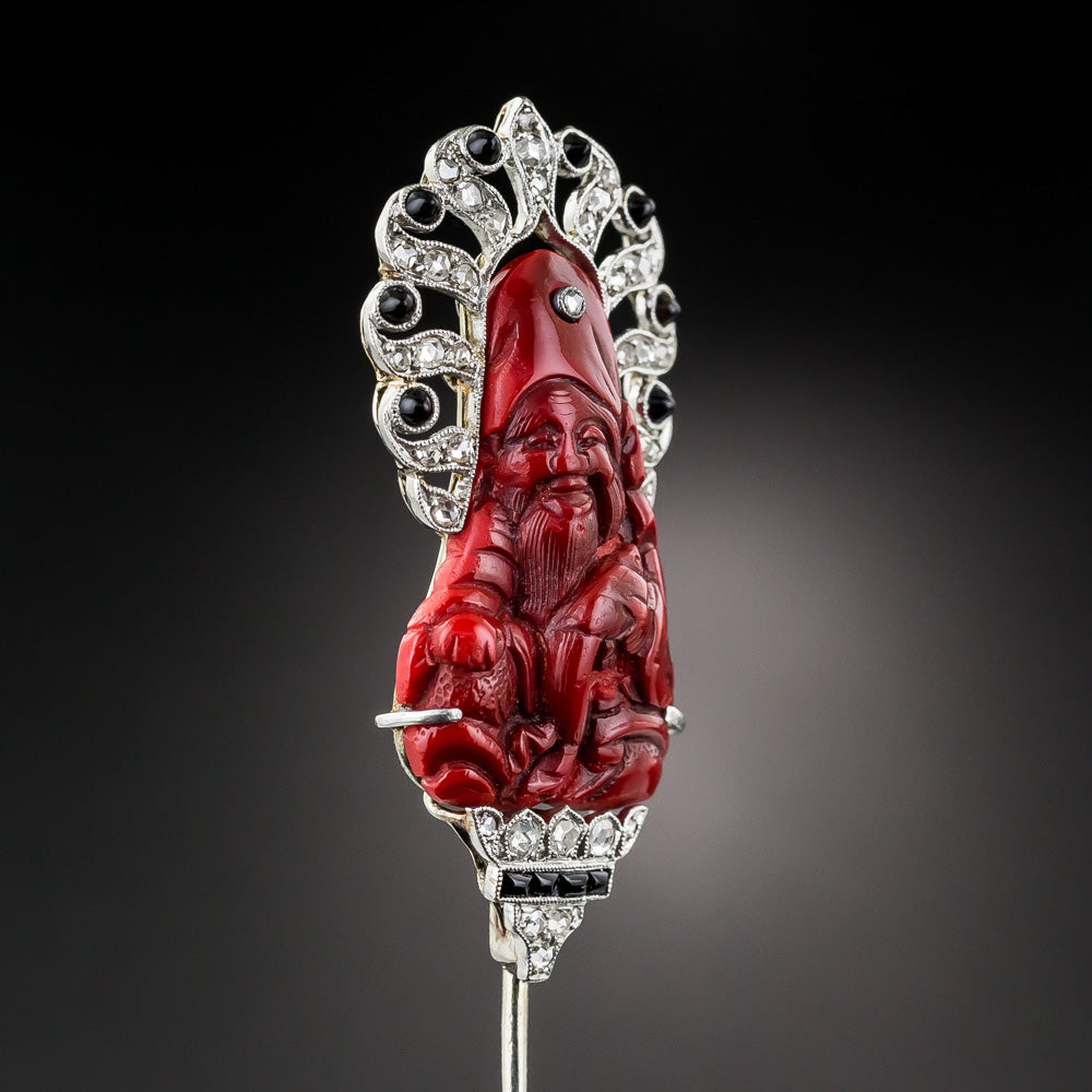 French Japonesque Cinnabar, Diamond and Onyx Jabot Pin - 7