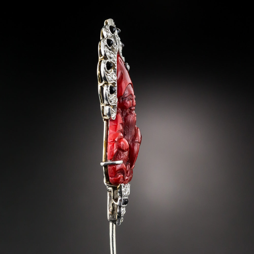 French Japonesque Cinnabar, Diamond and Onyx Jabot Pin - 8