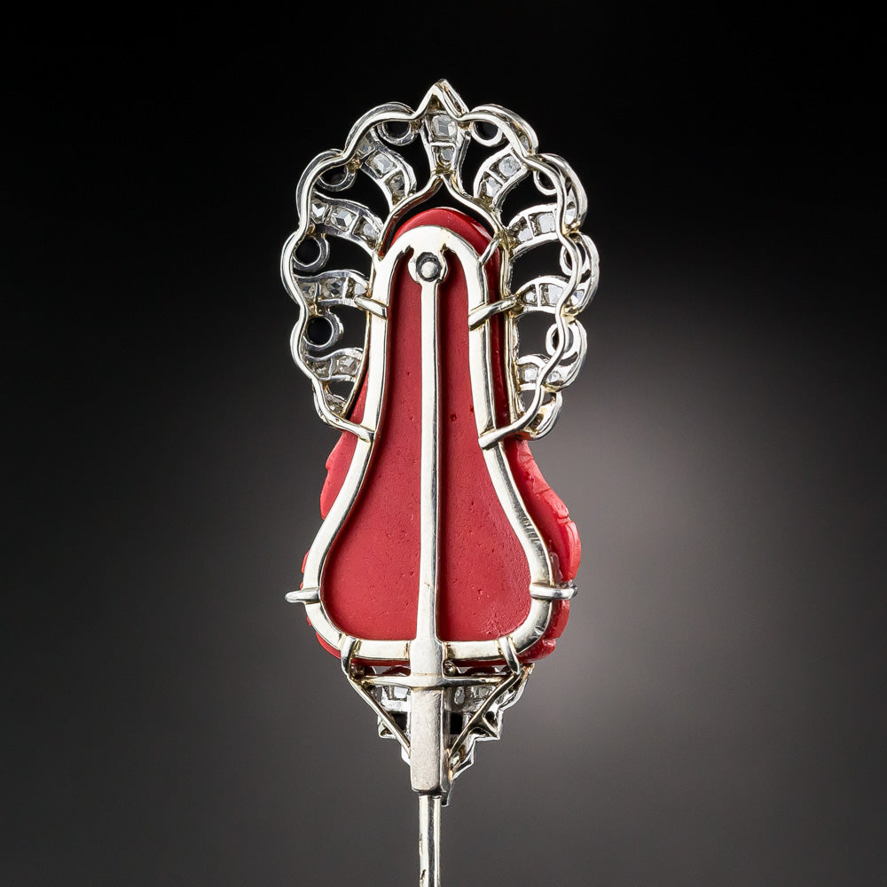 French Japonesque Cinnabar, Diamond and Onyx Jabot Pin - 9