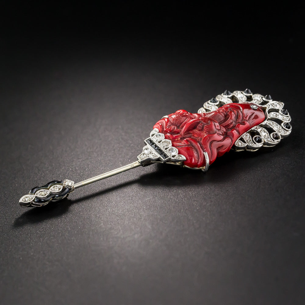 French Japonesque Cinnabar, Diamond and Onyx Jabot Pin - 10