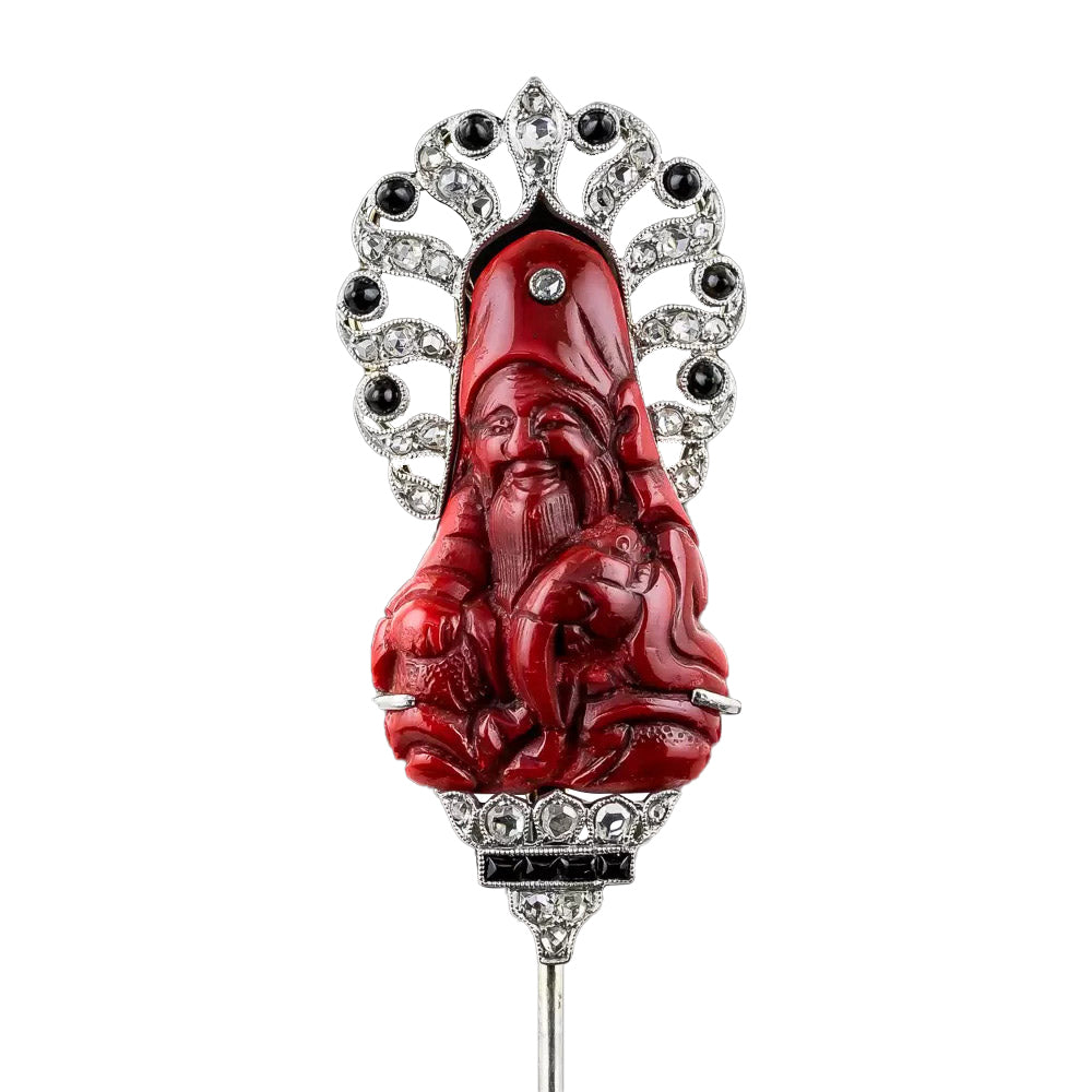 French Japonesque Cinnabar, Diamond and Onyx Jabot Pin - 7