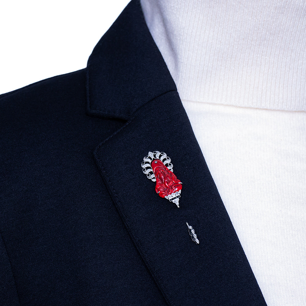 French Japonesque Cinnabar, Diamond and Onyx Jabot Pin - 12