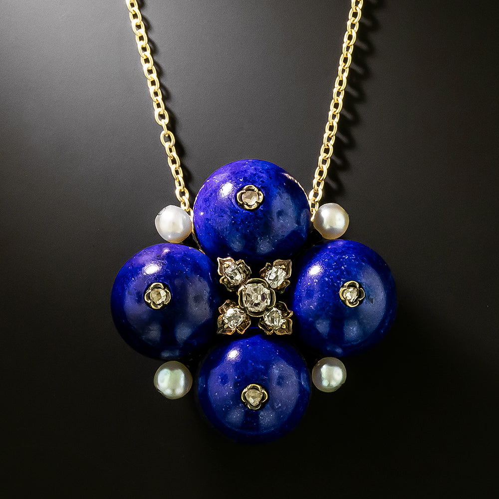 French Lapis Lazuli, Diamond and Natural Pearl Brooch/Pendant - 7