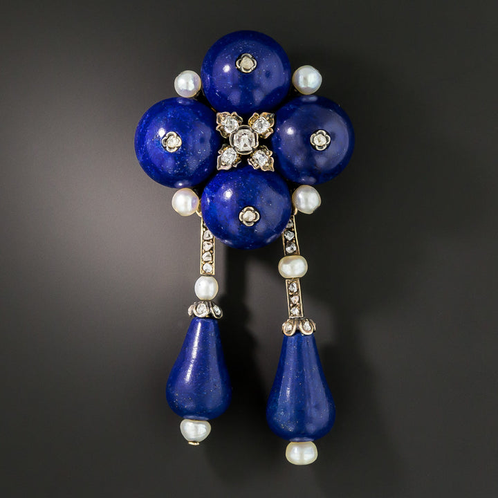 French Lapis Lazuli, Diamond and Natural Pearl Brooch/Pendant
