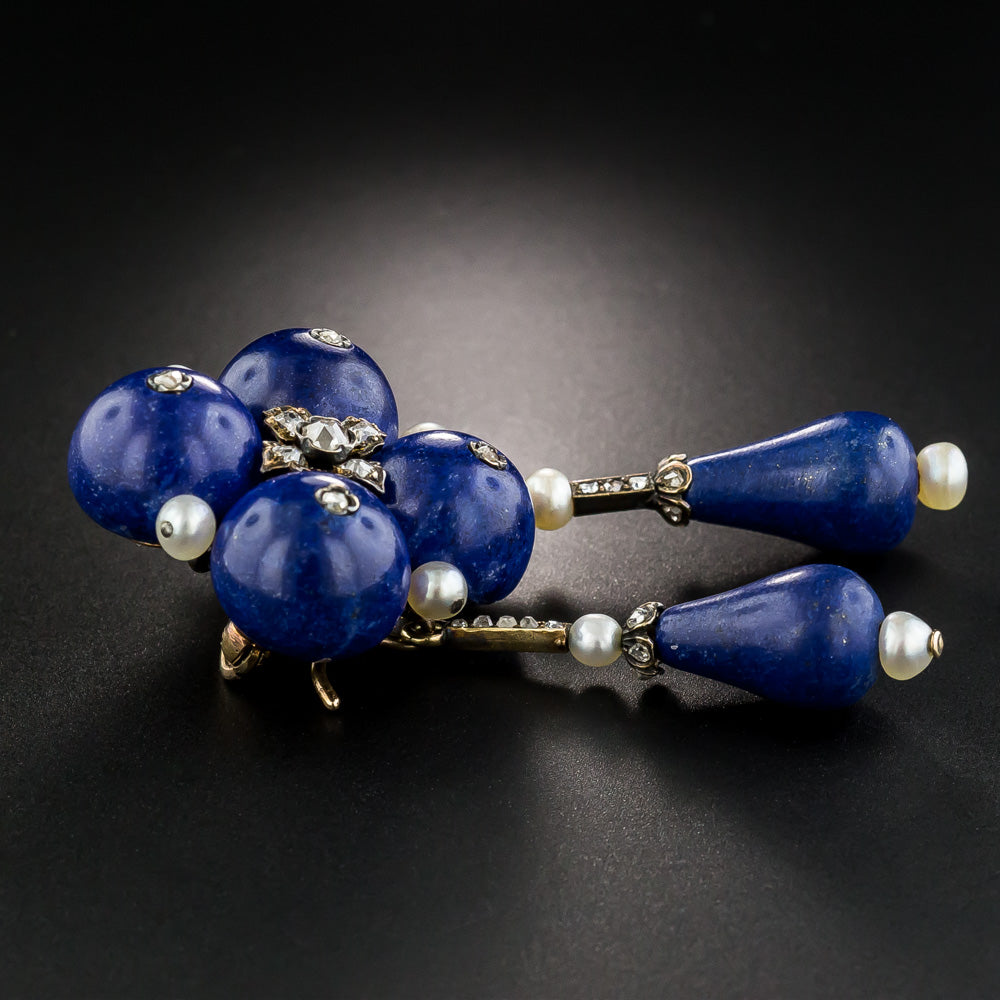 French Lapis Lazuli, Diamond and Natural Pearl Brooch/Pendant - 6