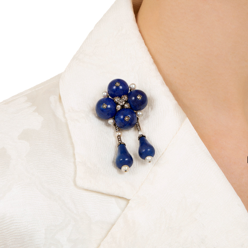 French Lapis Lazuli, Diamond and Natural Pearl Brooch/Pendant - 7