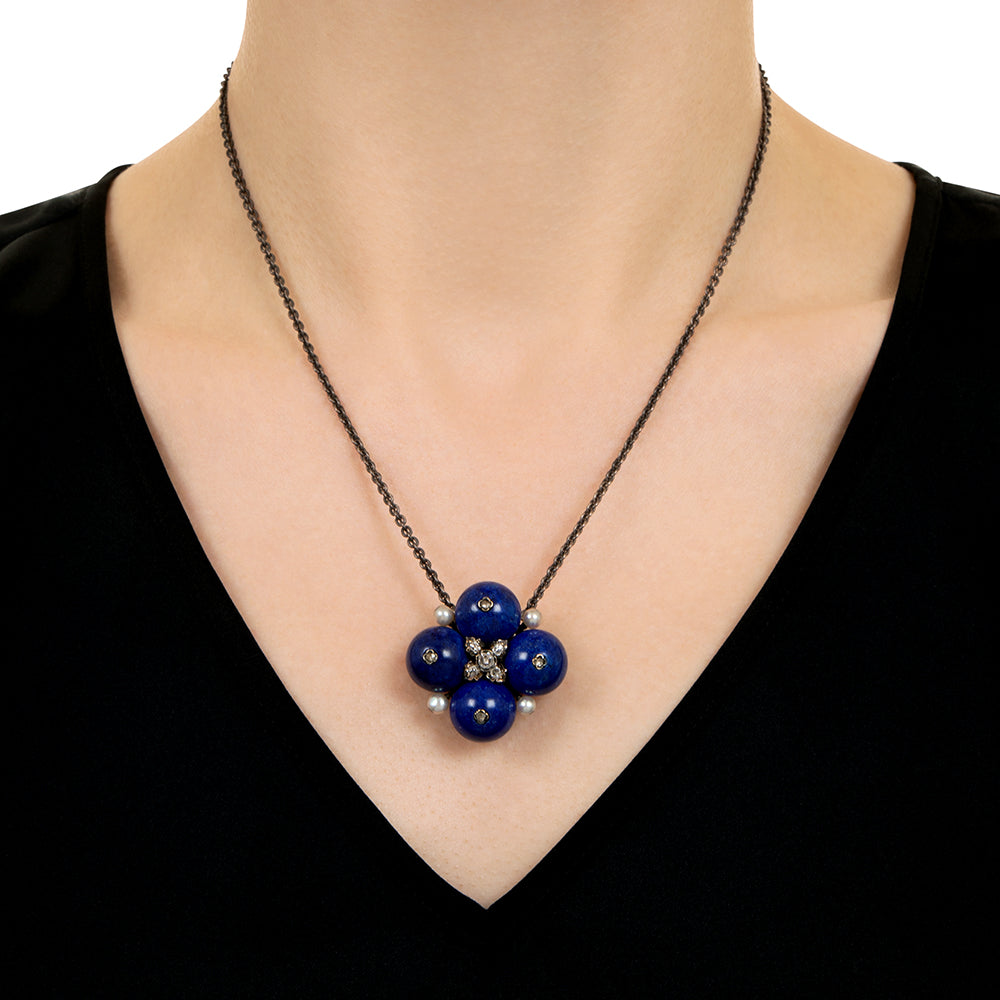 French Lapis Lazuli, Diamond and Natural Pearl Brooch/Pendant - 8