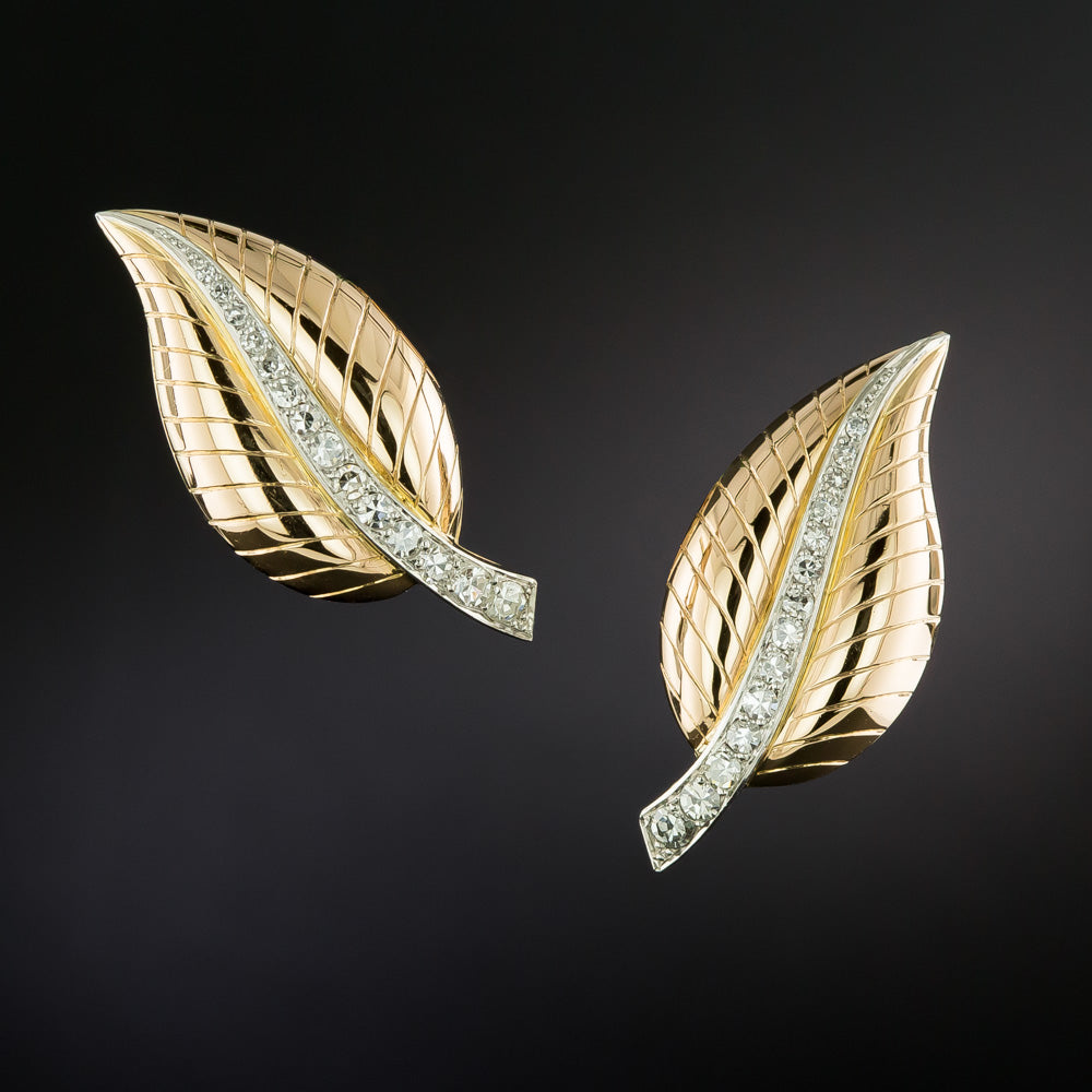 French Mid-Century 18K Diamond Leaf Earrings - 4