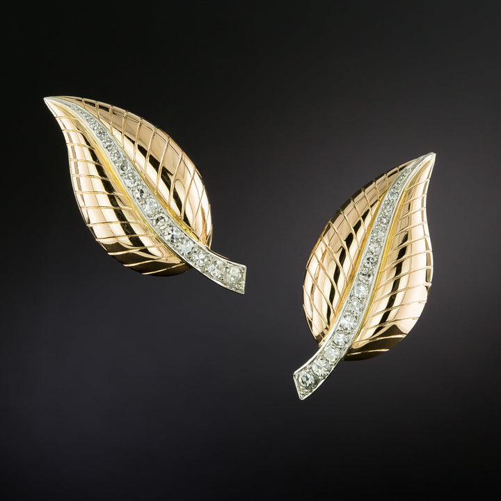 French Mid-Century 18K Diamond Leaf Earrings