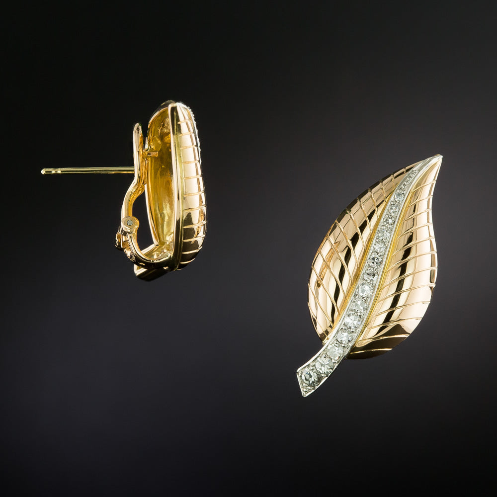 French Mid-Century 18K Diamond Leaf Earrings - 5