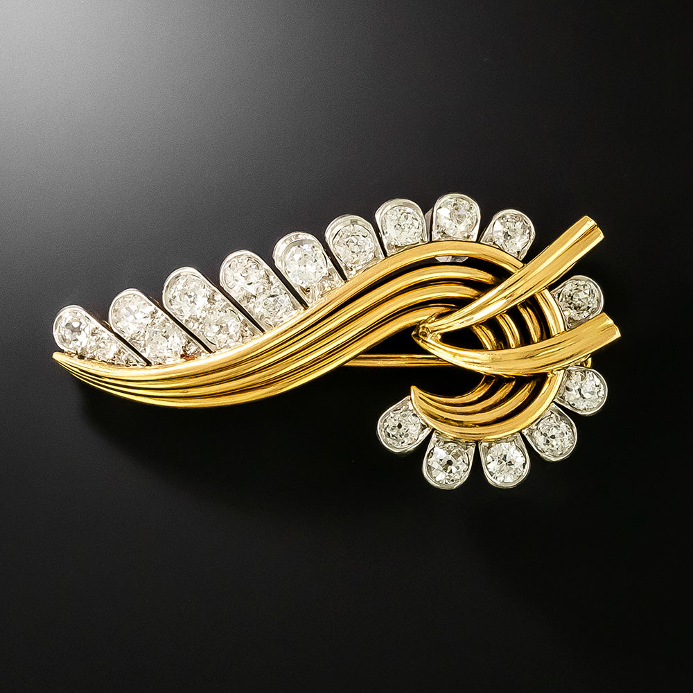 French Mid-Century 18K Diamond Scroll Brooch - 2