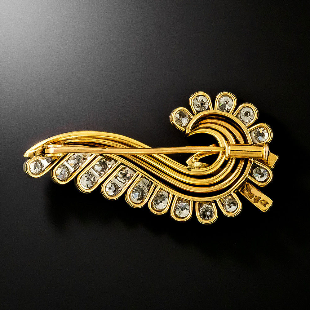 French Mid-Century 18K Diamond Scroll Brooch - 3
