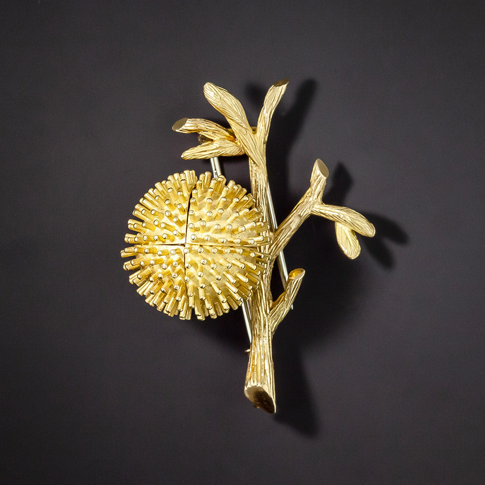 Mid-Century Chestnut Bud with Ruby Interior Brooch, French - 1