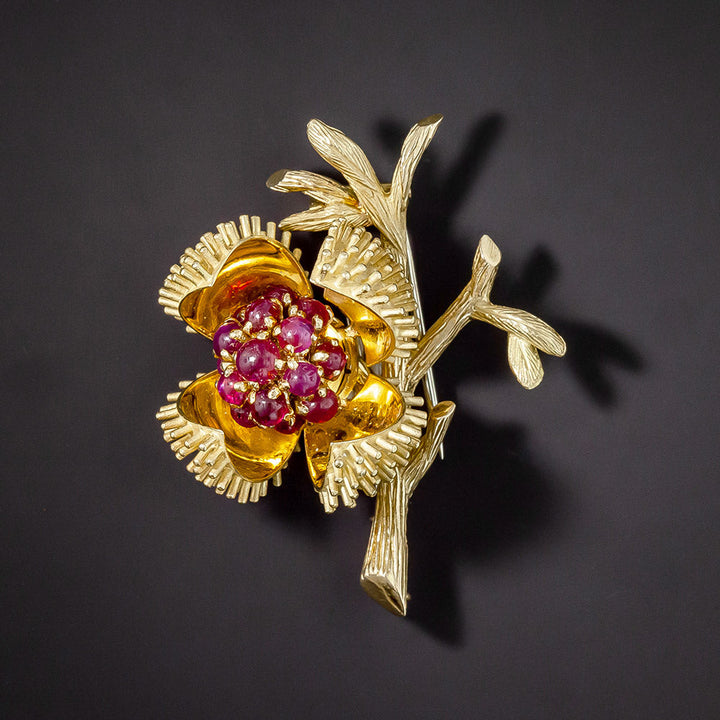 French Mid-Century Blossoming Ruby Chestnut Bud Brooch