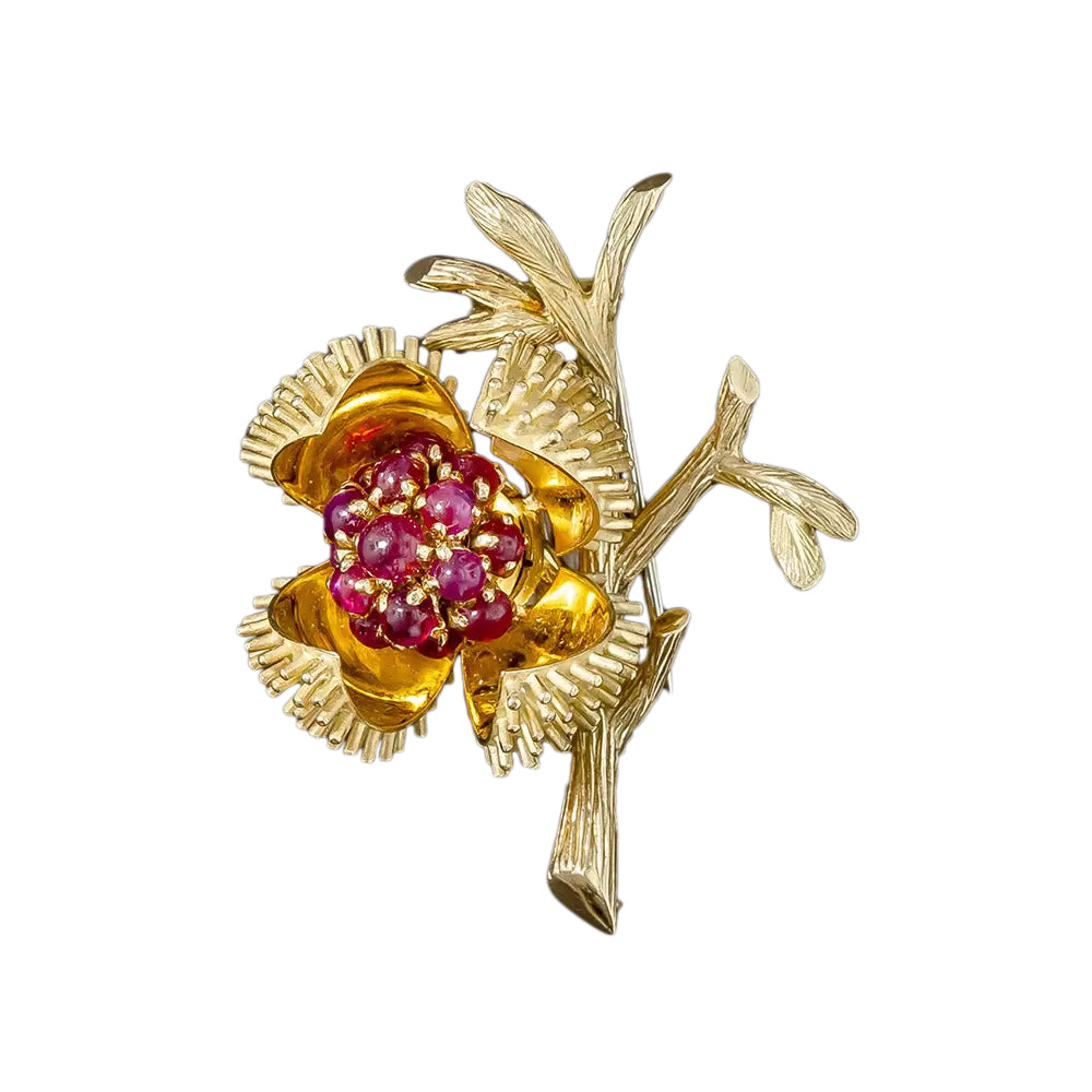French Mid-Century Blossoming Ruby Chestnut Bud Brooch - 5