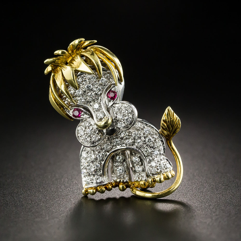 Mid-Century Diamond and Ruby Lion Cub Brooch - 1