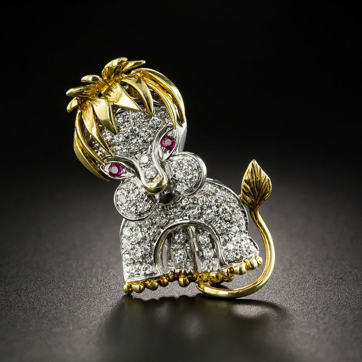 Mid-Century Diamond and Ruby Lion Cub Brooch