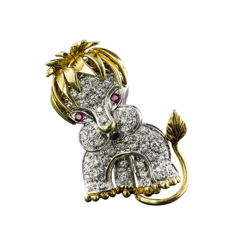 Mid-Century Diamond and Ruby Lion Cub Brooch - 4