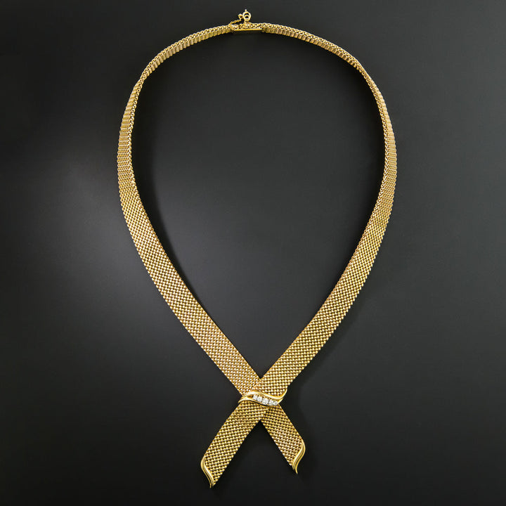 French Mid-Century Woven Diamond Lariat Necklace