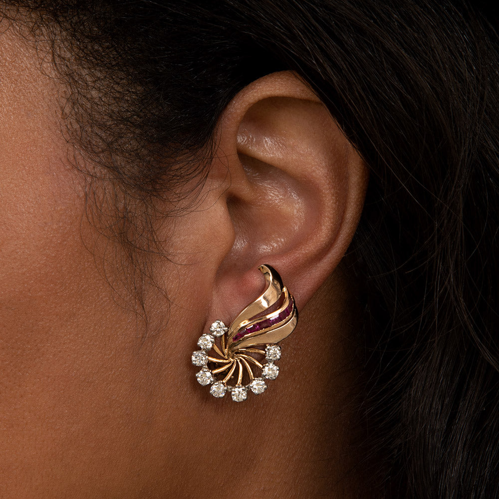 French Retro Ruby and Diamond Leaf Earrings  - 3