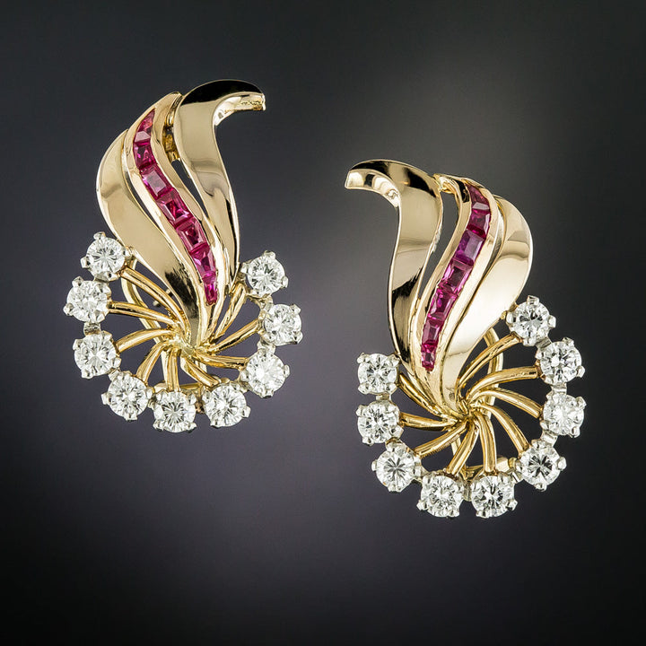 French Retro Ruby and Diamond Leaf Earrings