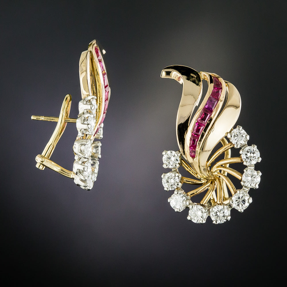 French Retro Ruby and Diamond Leaf Earrings  - 3